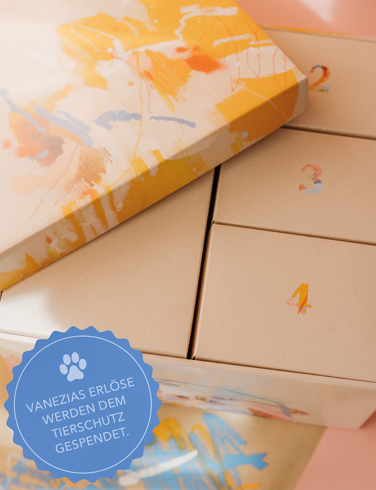 Vanezias Charity Adventsbox 2026, geöffnet mit vier Geschenkschachteln